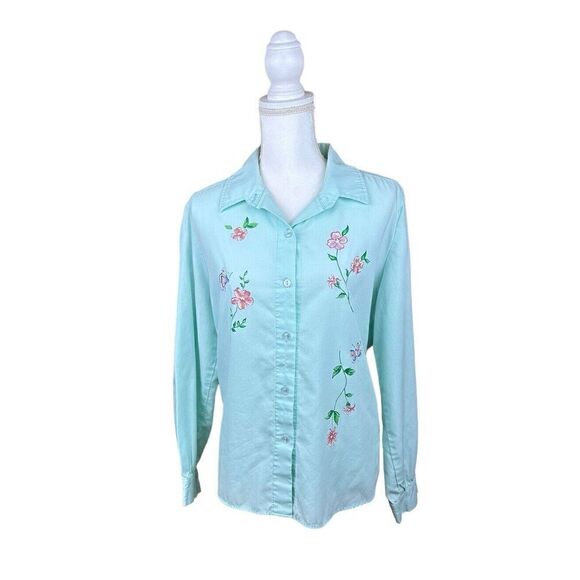 Vintage Blair Light Mint Green Hand Painted Floral Blouse Women’s Size Large - Picture 1 of 14